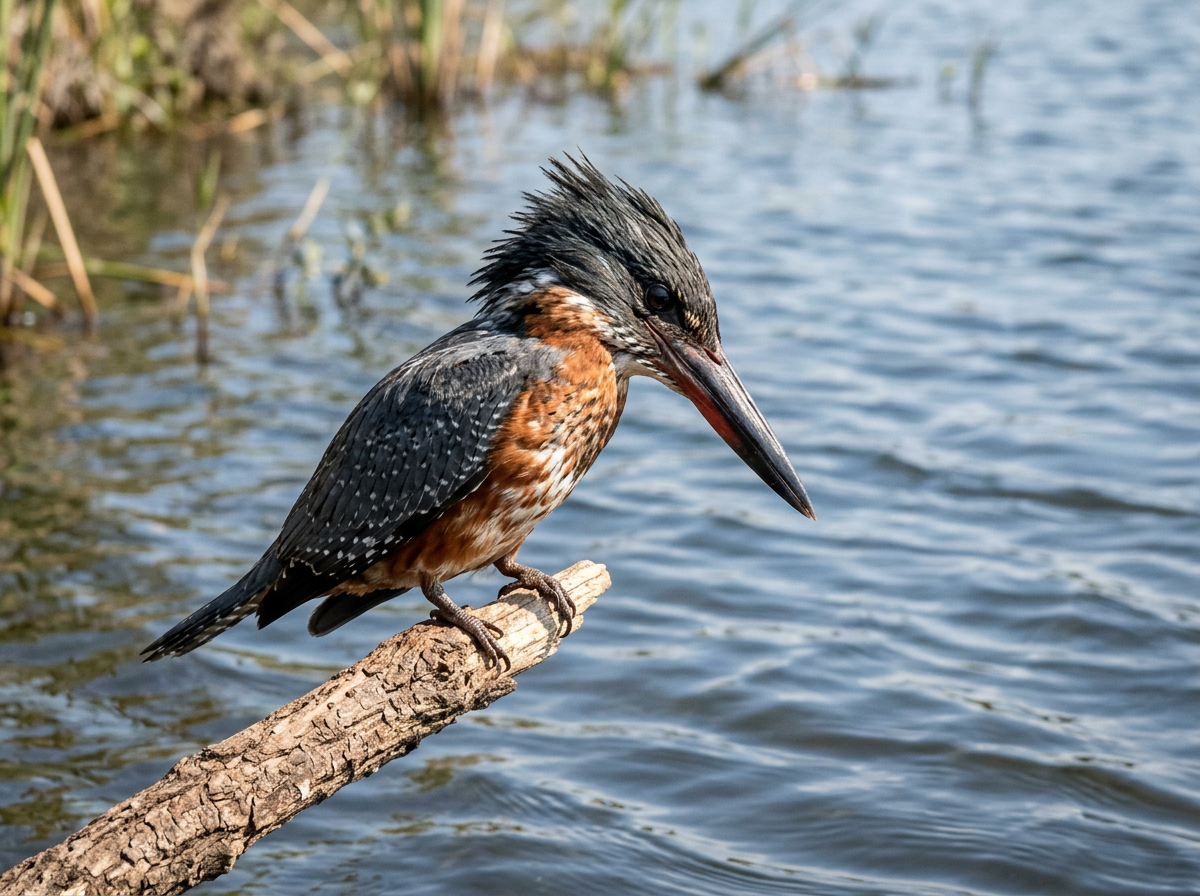 Large kingfisher perched with shaggy crest and dagger-like bill
