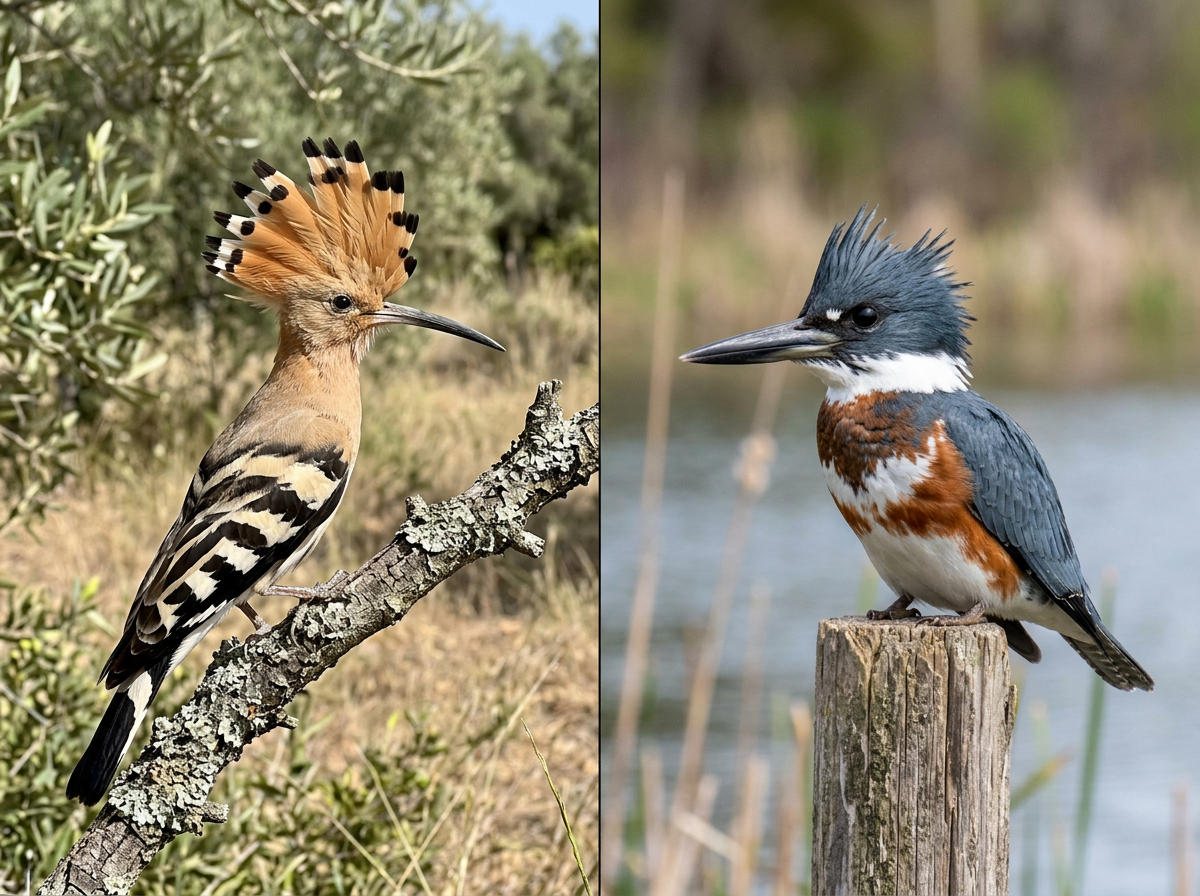Side-by-side hoopoe vs belted kingfisher showing crest and bill differences