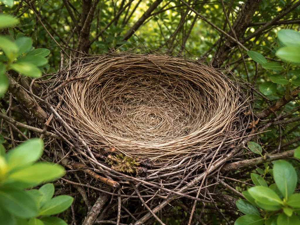 Cardinal bird nest in a dense shrub, open cup with woven twigs and grass lining.