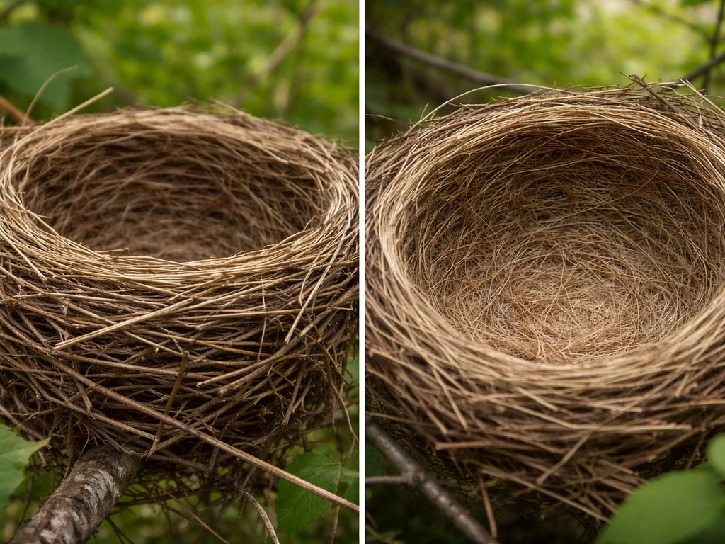 Same cardinal nest from outside and inside, showing woven twig rim and softer lined interior bowl.