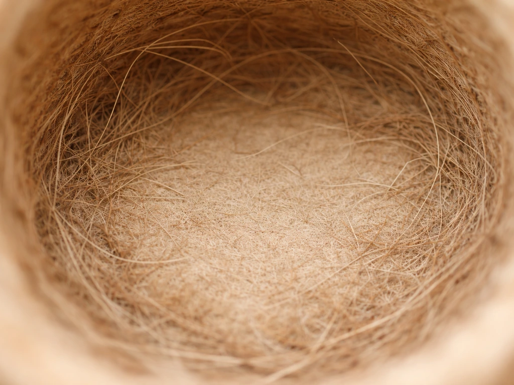 Close-up of a snug rounded interior bowl lined with fine grasses, rootlets, and a few hair-like fibers.