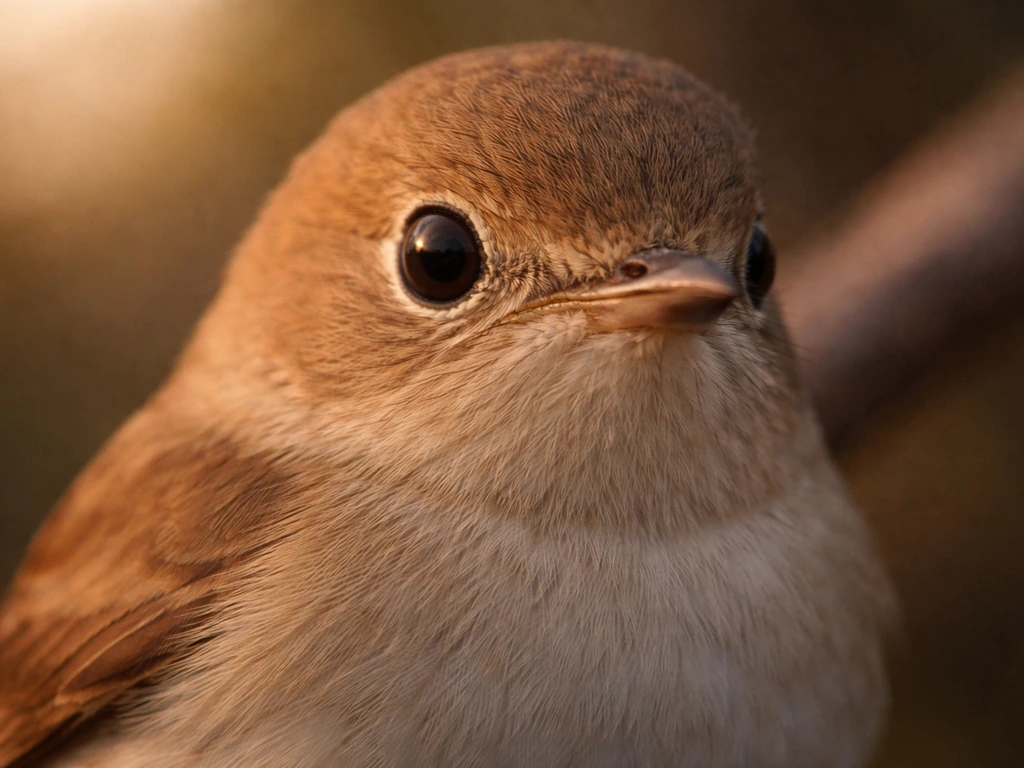 Close-up of a small nightingale’s warm brown head showing a pale cream eye-ring around the dark eye.