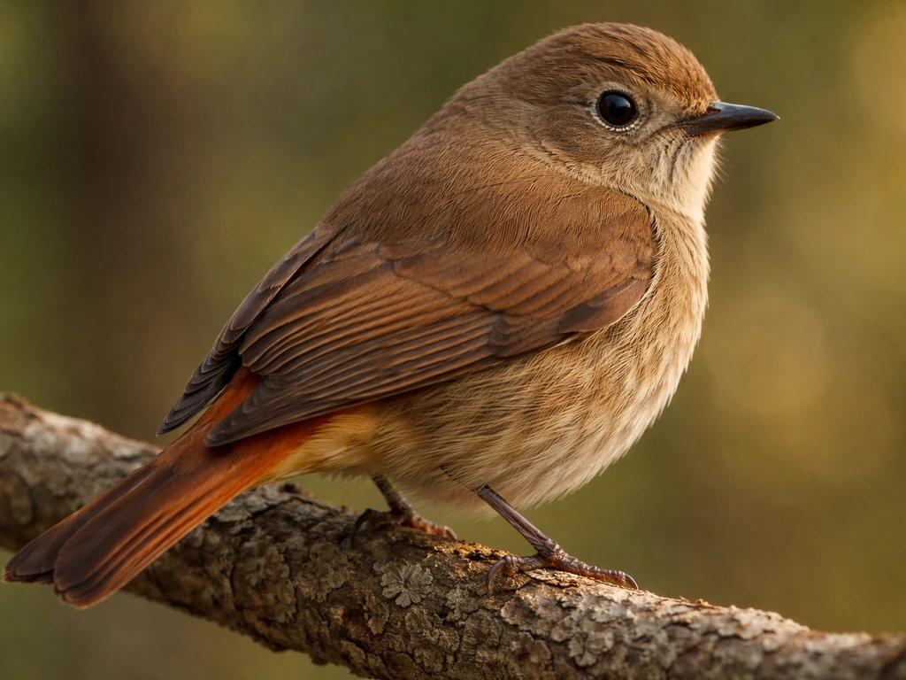Close three-quarter view of a small bird showing warm russet-brown wings/back and a reddish rump-tail shift