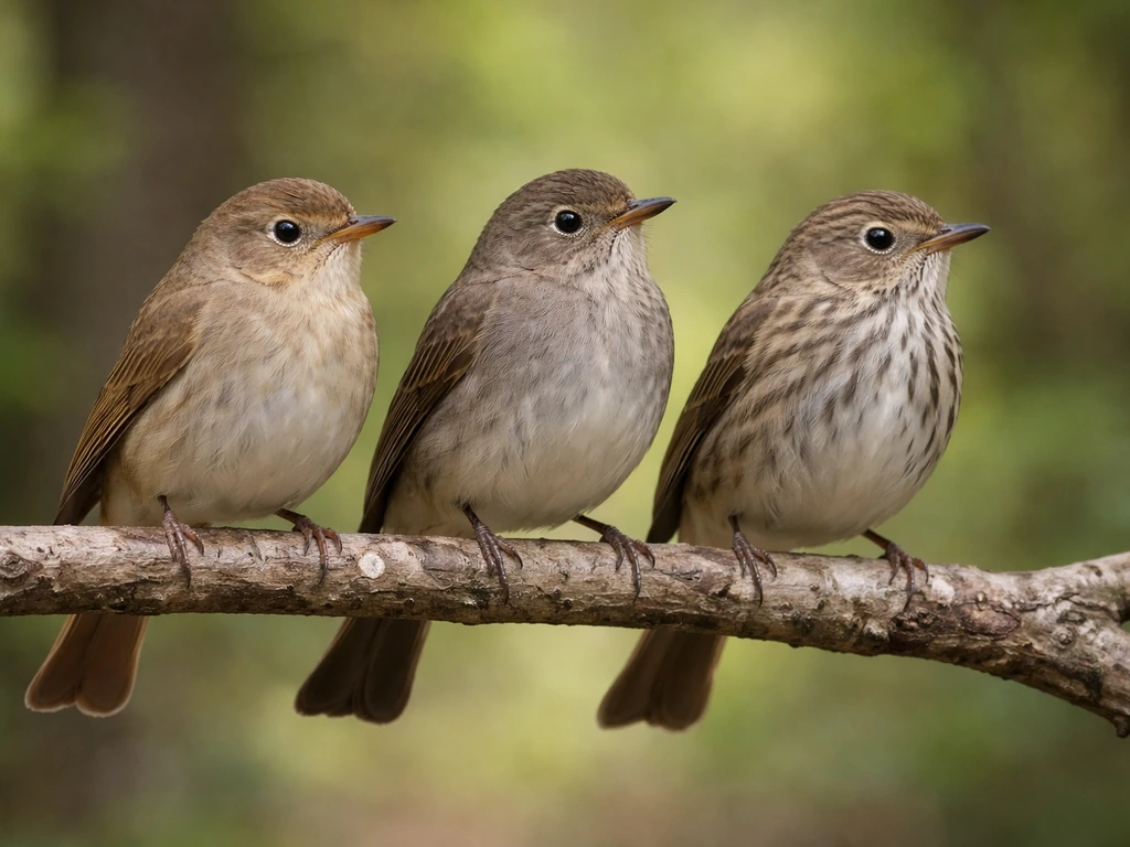 Three small brown birds perched on a branch, distinct tail colors and underpart tones visible in one frame.