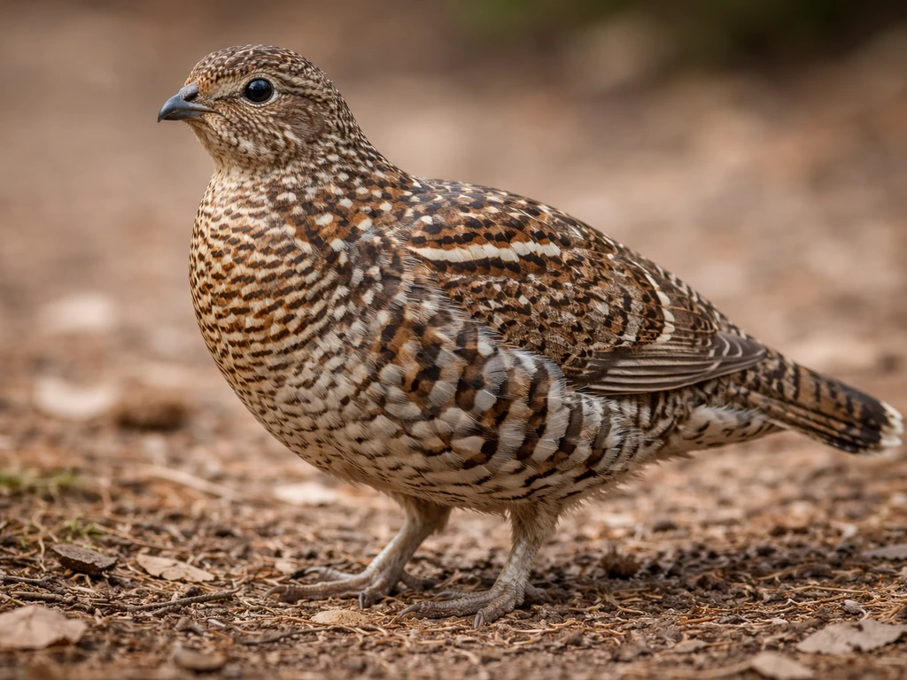 Close-up of a grouse showing rounded head, stout beak, wings, tail, and legs on forest floor.