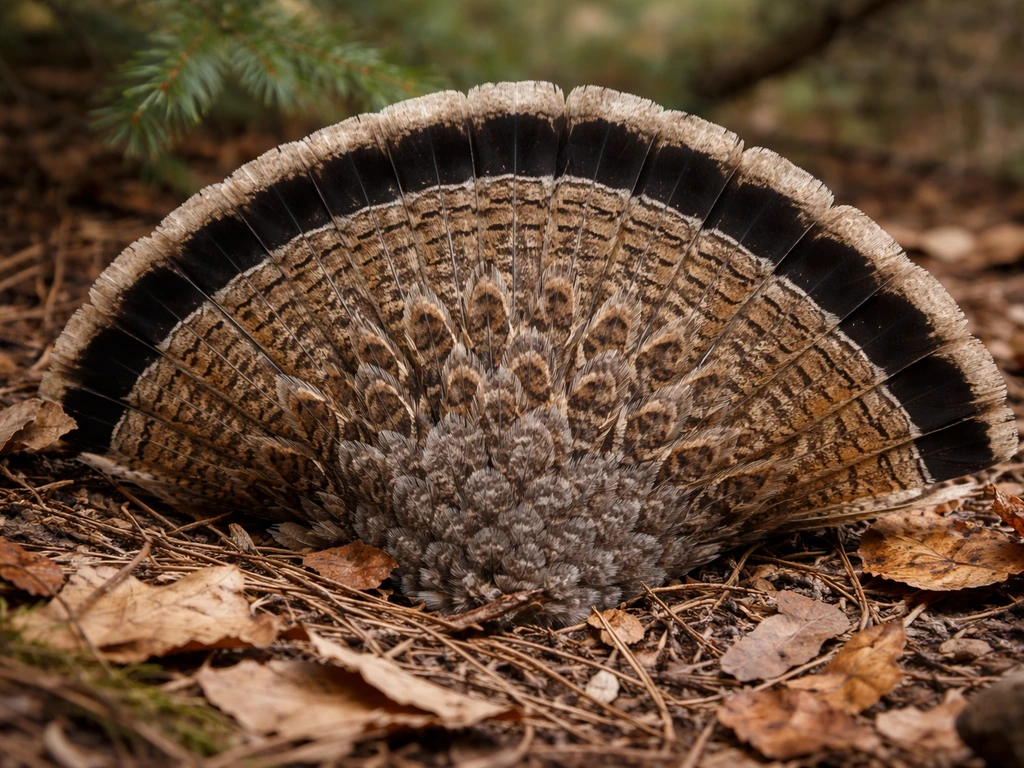 Close-up of a ruffed grouse tail fan showing the wide dark band near the tip.