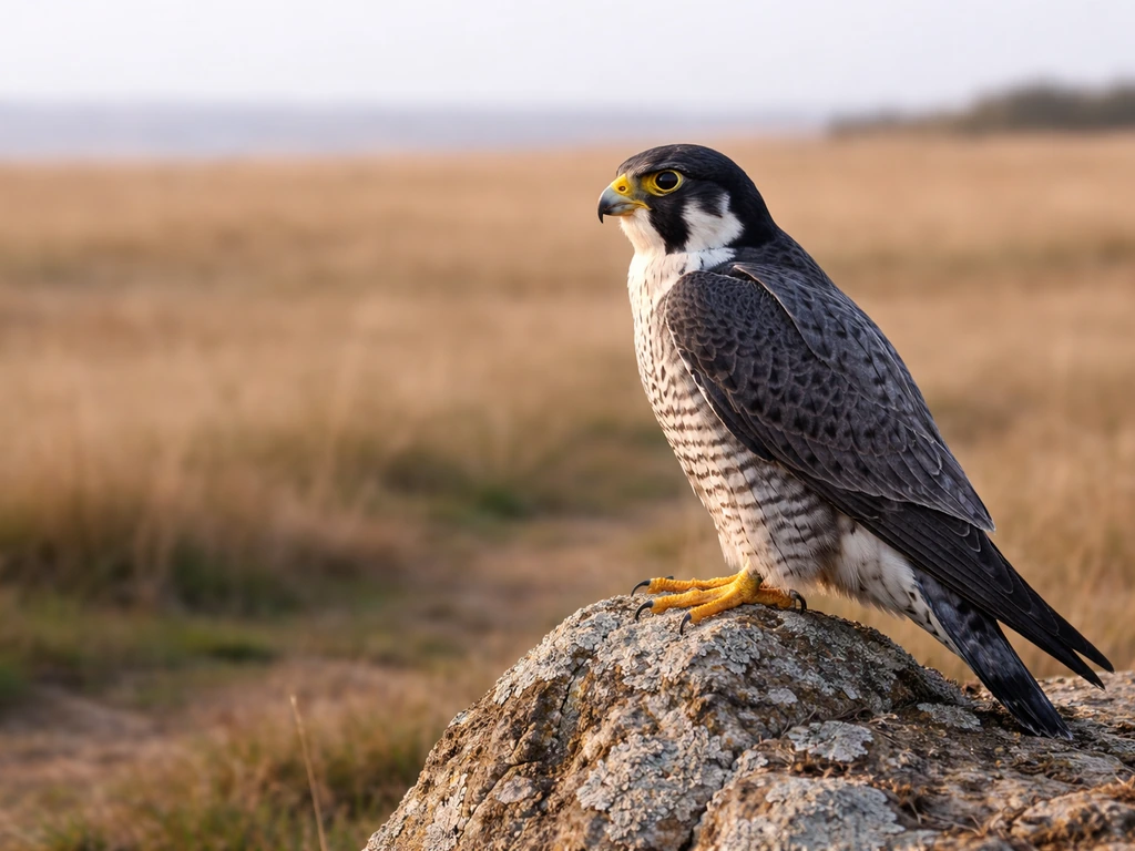A falcon perched on a rocky outcrop with a crisp silhouette and pointed wings in open countryside.