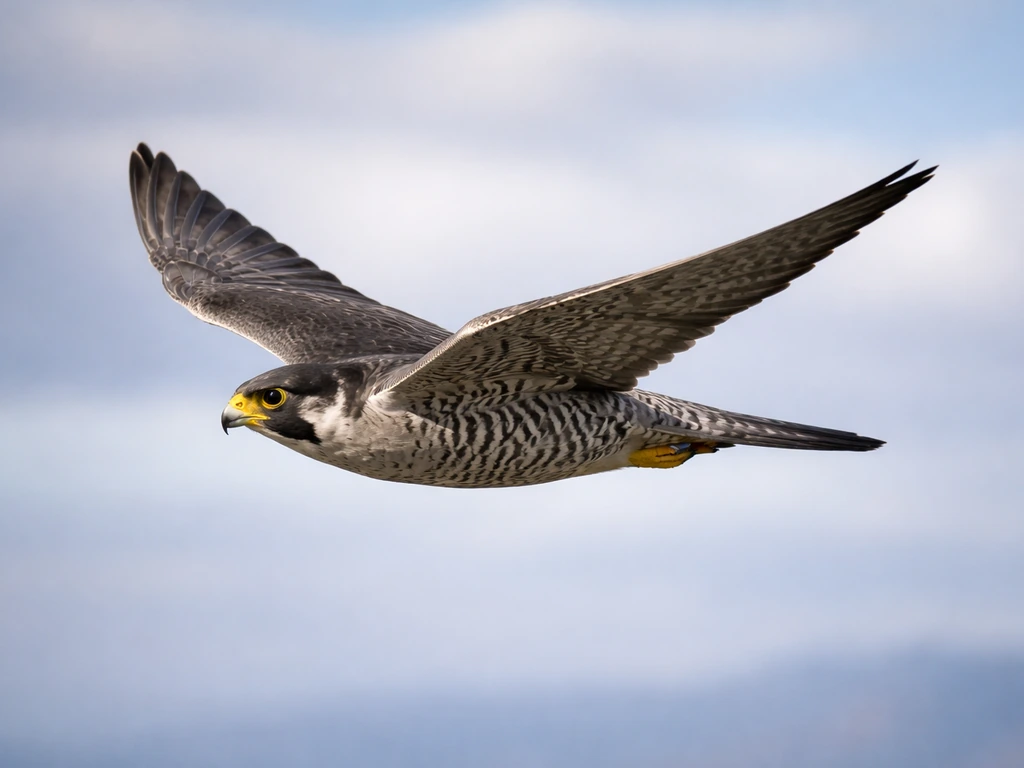Dramatic side silhouette of a falcon gliding, emphasizing long narrow blade-like wingtips against soft sky