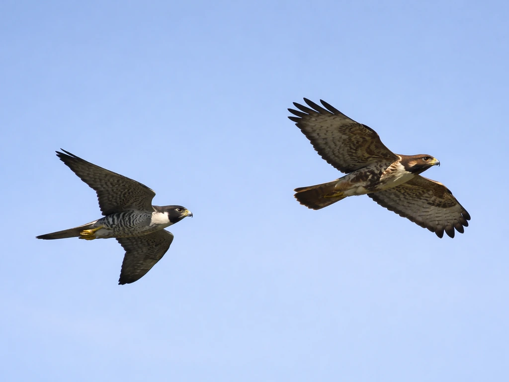 In-flight falcon and hawk silhouettes highlighting pointed wingtips and distinctive tail shape in wingbeats.