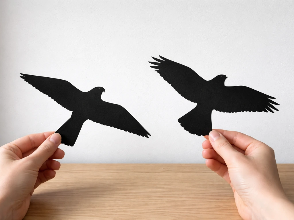Two side-by-side silhouettes of a falcon-like bird and a hawk-like bird on a simple desk background.
