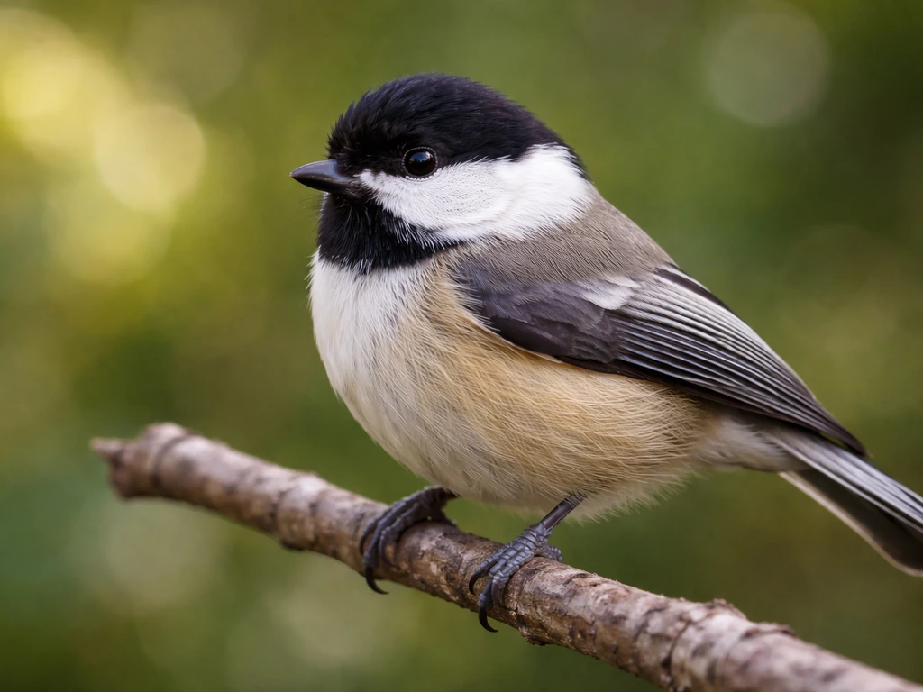 Black-capped chickadee perched close-up, showing cap-and-cheek pattern, wing bars, and tail shape.