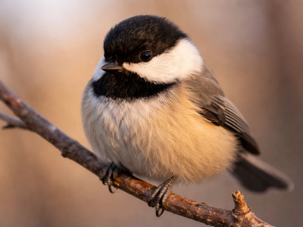 A small chickadee perched on a branch showing black cap, white cheeks, and dark bib.