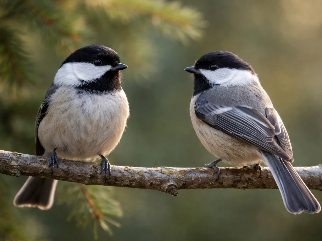 Side-by-side black-capped chickadees on a branch, showing cap, bib, wing bars, and tail outline.