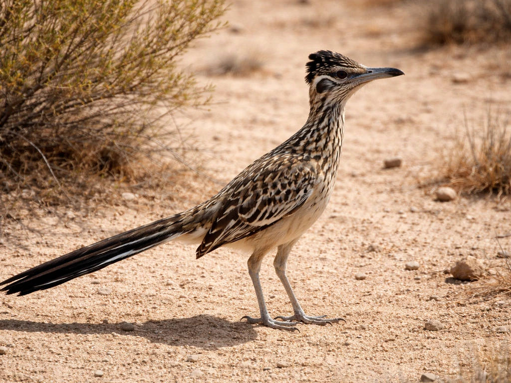 Greater Roadrunner standing in open desert ground, long legs and striped head visible in natural light.