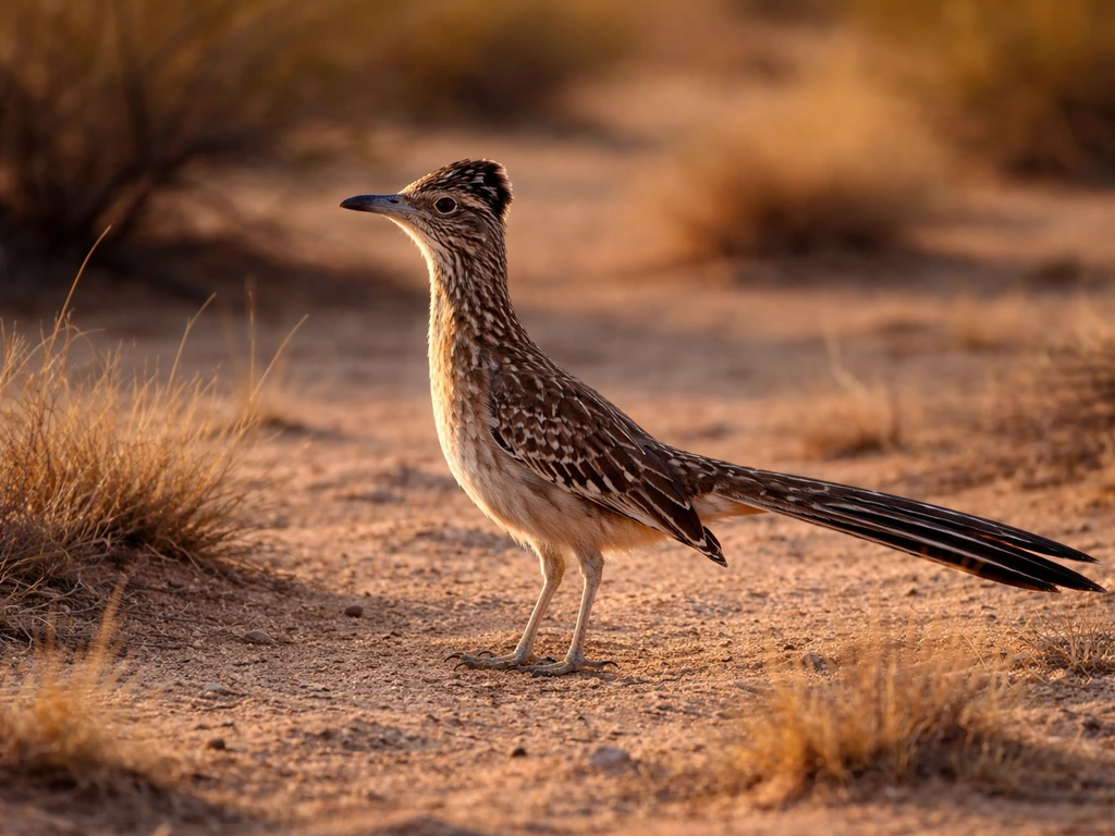 A large, leggy brown-streaked roadrunner standing in sparse desert grass, showing its long ground-bird silhouette.