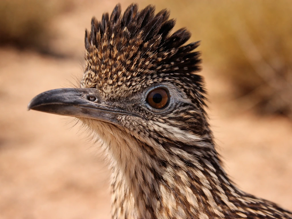 Close-up of a roadrunner head with a raised shaggy brown crest and dark peppered crown.