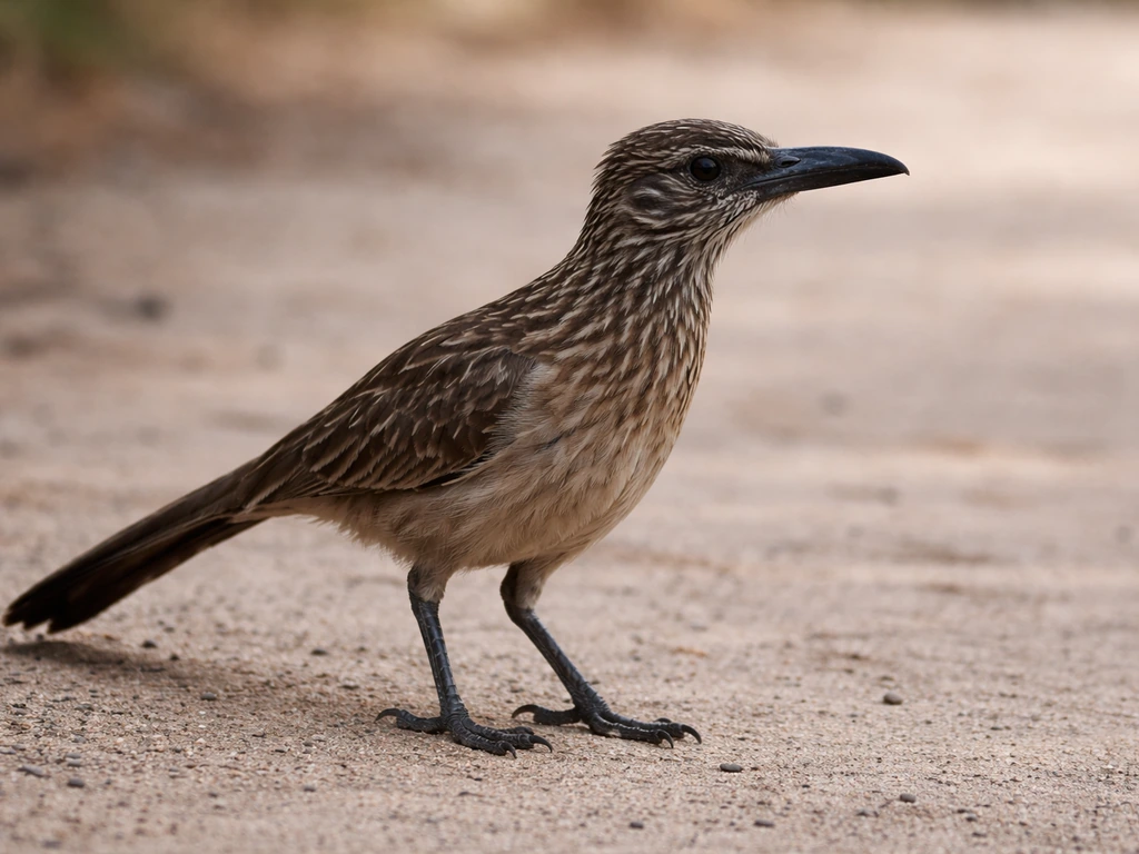 Side profile of a bird-like creature showing a long thick dark hooked bill and sturdy dark legs on sandy ground.