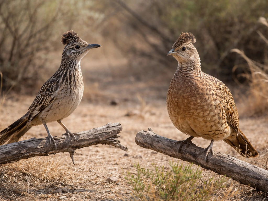 Two small birds perched side by side: roadrunner-like gray-brown bird and ring-necked pheasant-like bird comparison.