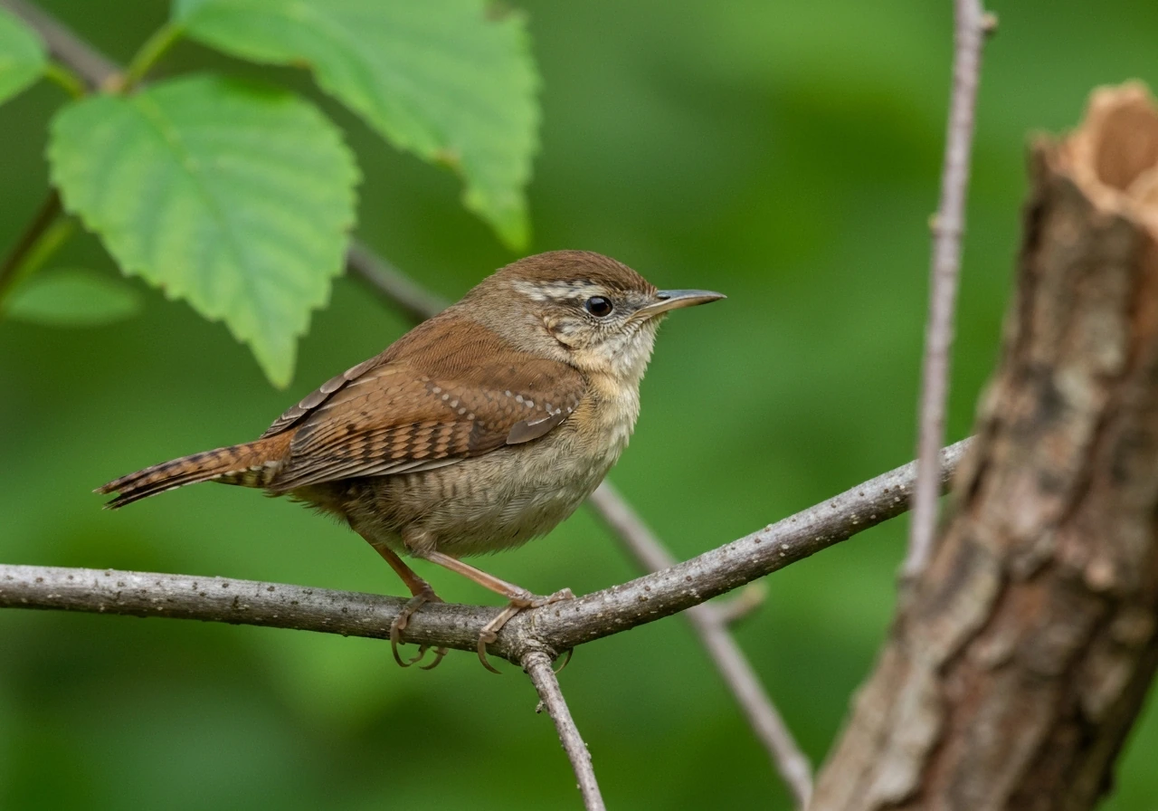 Side-profile House Wren on a twig, showing a tiny compact brown body in natural light.
