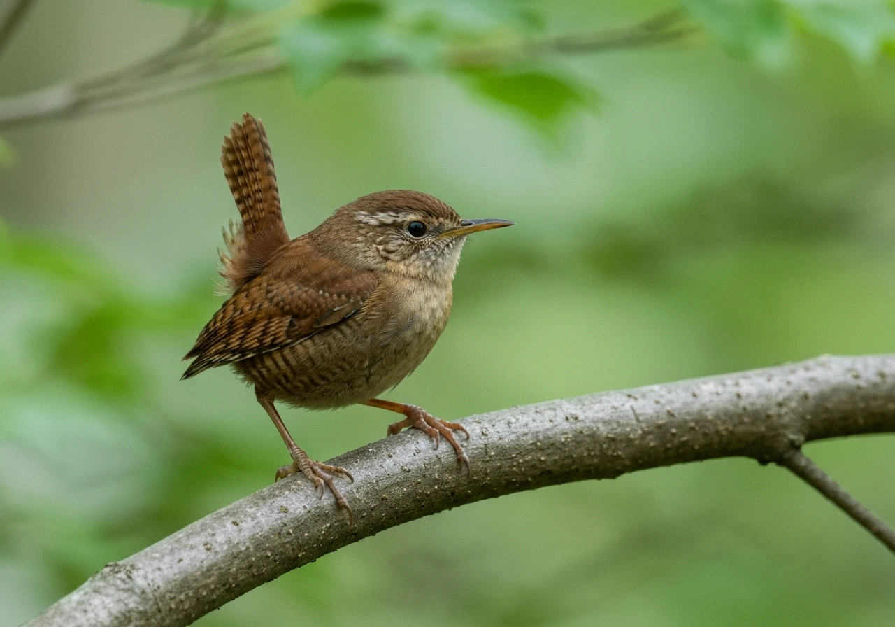 Small brown wren perched on a branch, showing tail carriage, bill shape, and plumage pattern clearly.