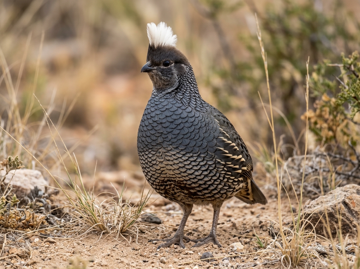 Scaled Quail with dark-edged scaly feathers and a high upright crest.