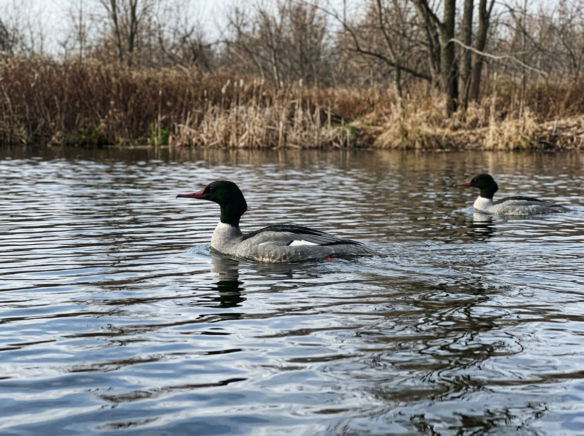 Merganser on water showing long neck and pointed bill in side profile.