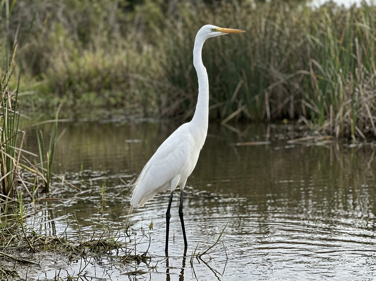Great Egret tall on shoreline with long neck and black legs.