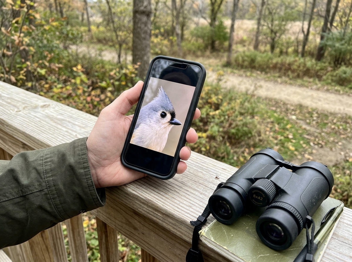 Phone zoomed on bird’s head and crest for confirmation comparison.