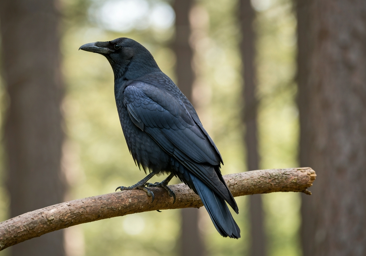 Common raven perched showing stocky build, broad shoulders, and wedge-shaped tail