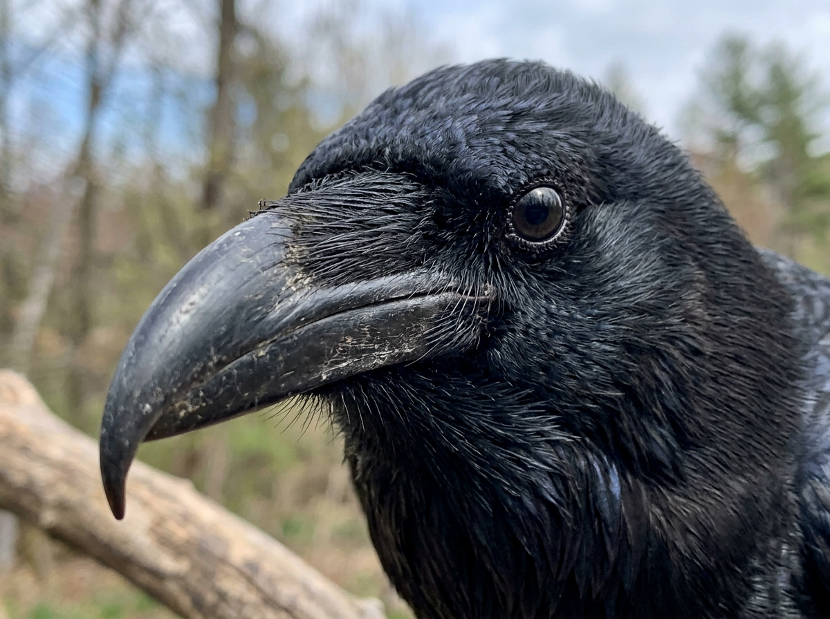 Close-up of raven bill and head structure with downward-curved thick beak