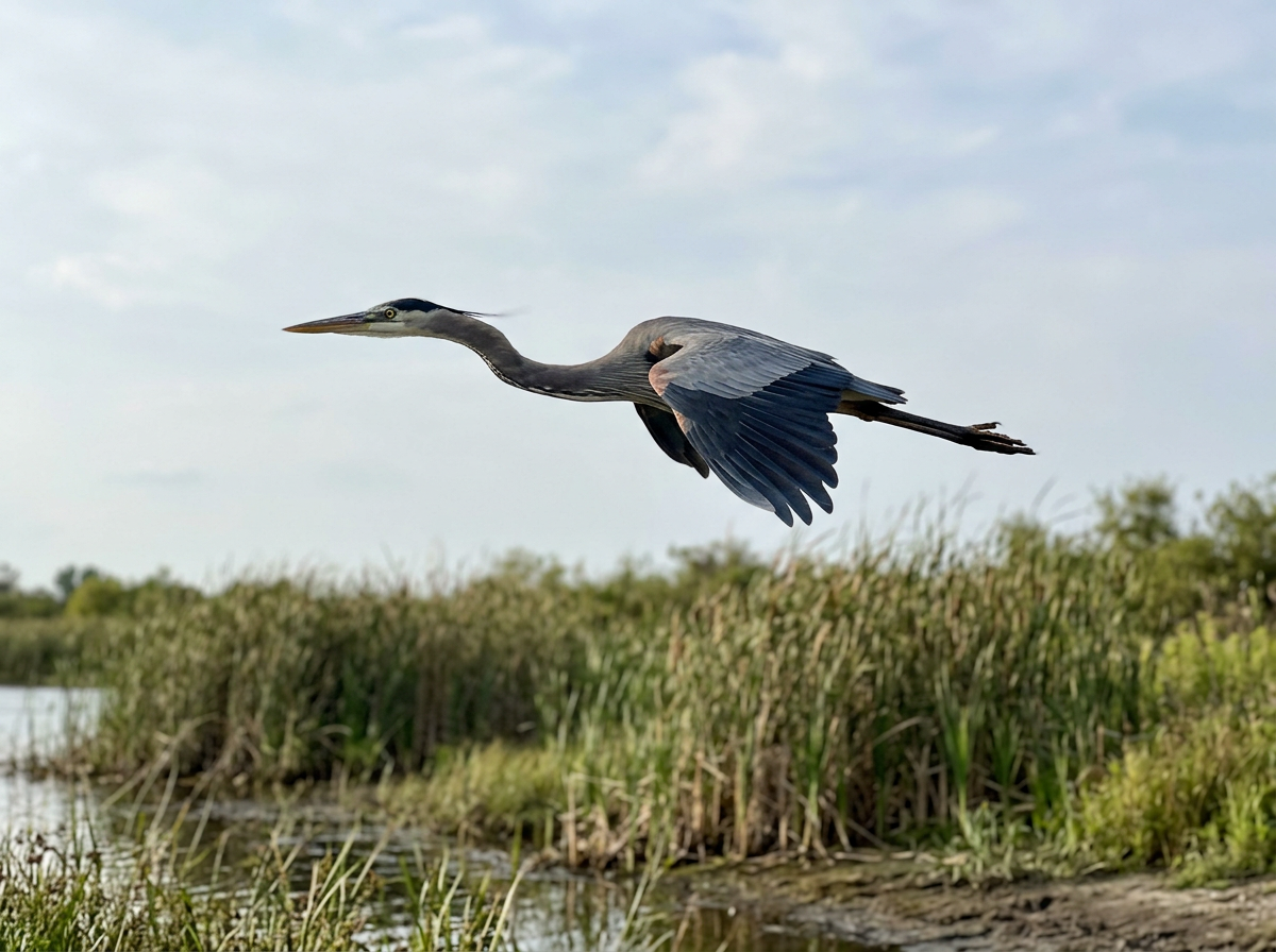 Great blue heron in flight with clearly visible head and extended neck