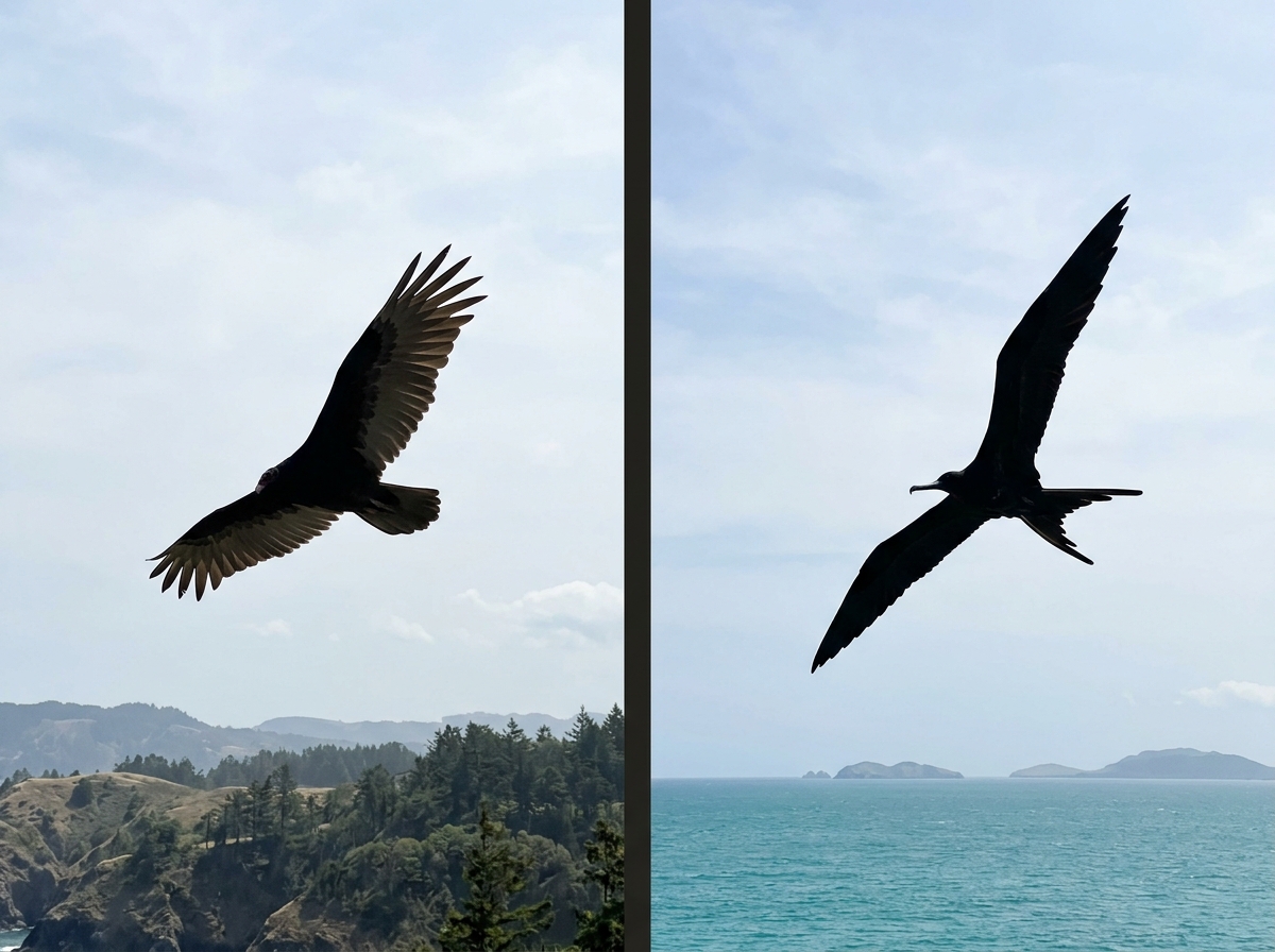 Side-by-side silhouette comparison of turkey vulture vs frigatebird