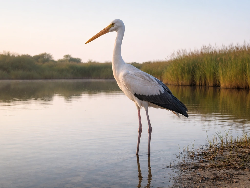 Tall stork-like bird standing in shallow marsh water with upright long neck and visible legs.