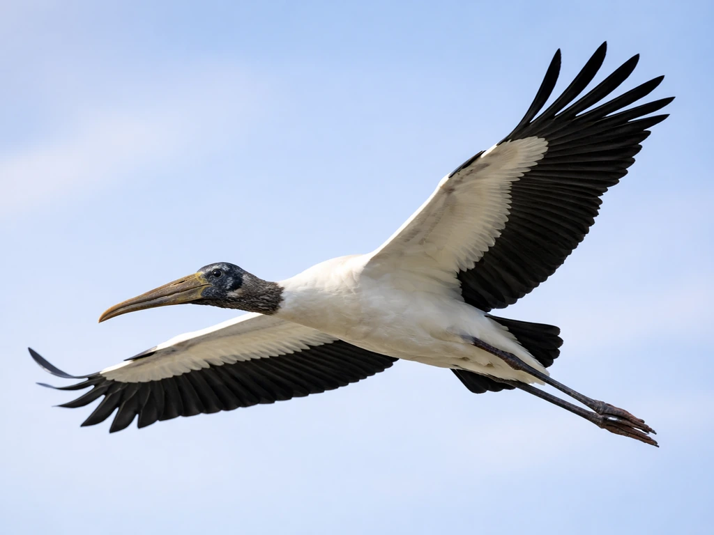 Wood stork in flight with bright white body and bold black wing feathers in sharp contrast