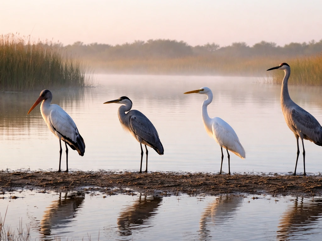Four wading birds in a marsh—stork, heron, egret, crane/ibis—showing distinct neck and bill shapes