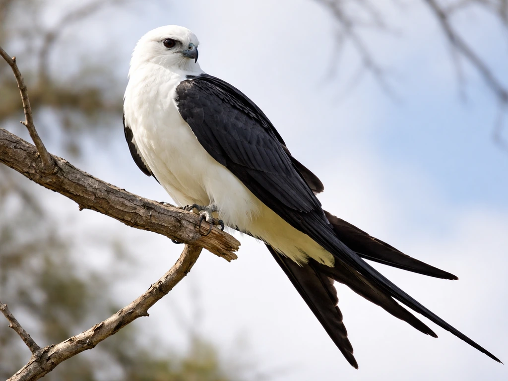 Swallow-tailed kite perched on a branch, showing white head and bold black-and-white tail pattern.
