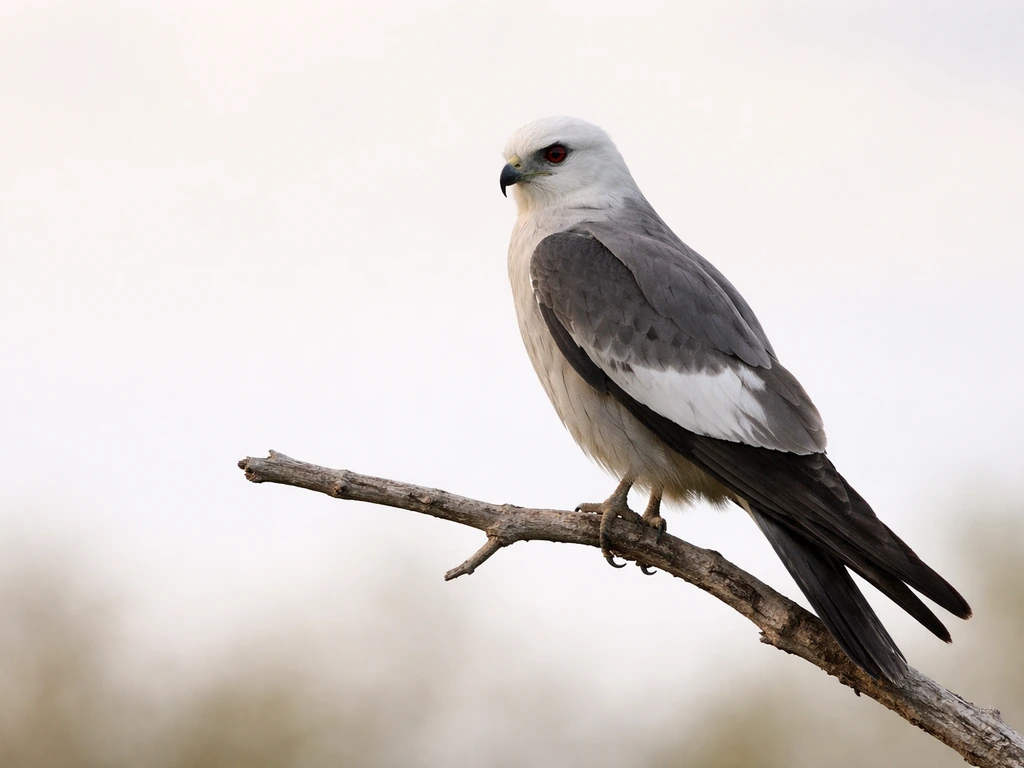 Gray Mississippi kite perched on a branch, with whitish head and visible whitish wing secondaries.