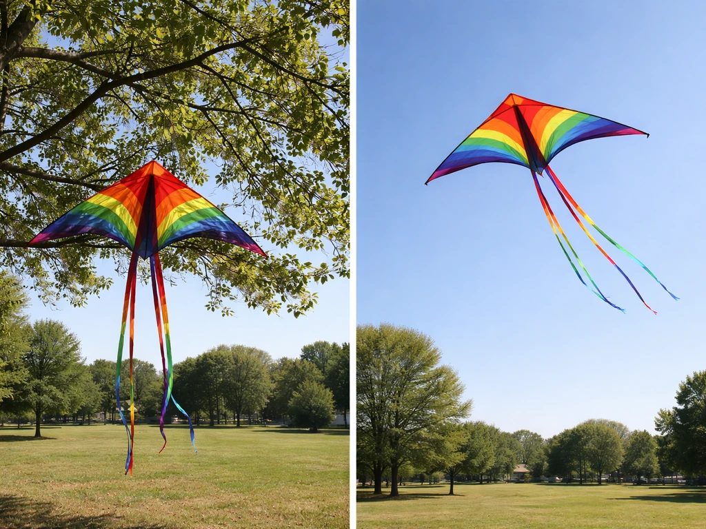 Two kites: one perched in a tree, one soaring overhead against a clear sky.