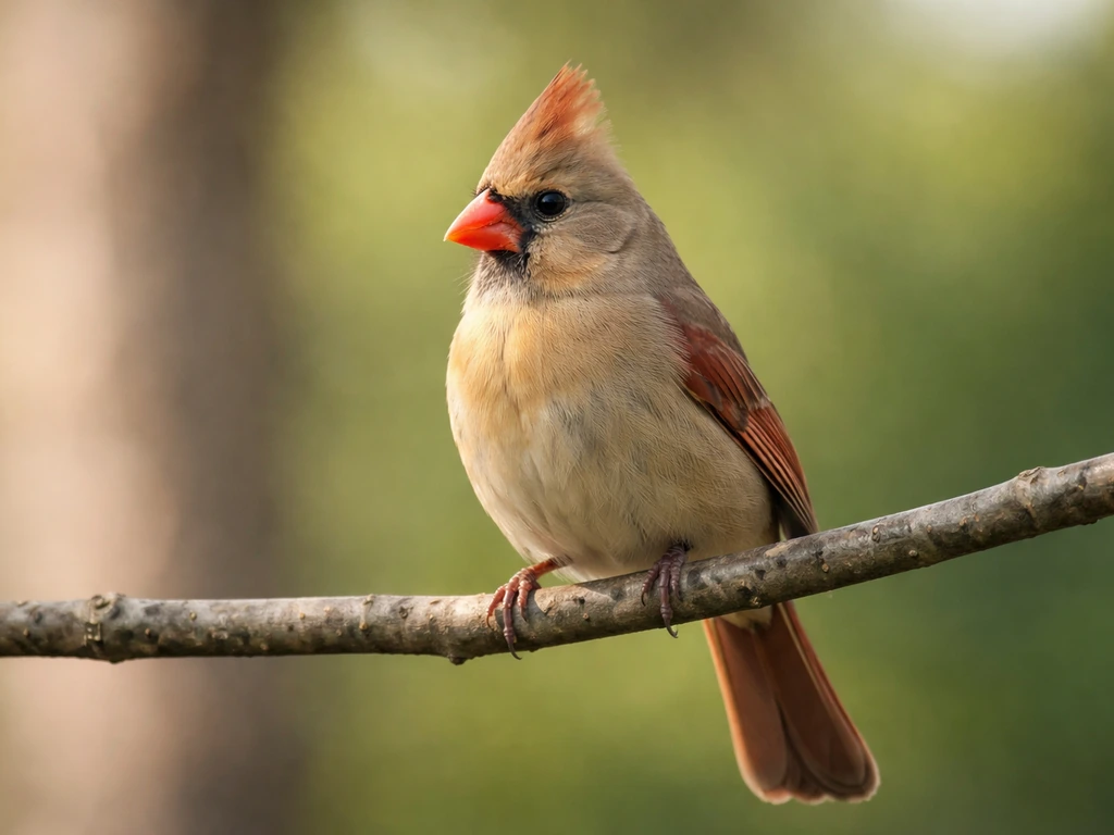 Female cardinal perched on a branch, showing key plumage tones and small rounded crest.