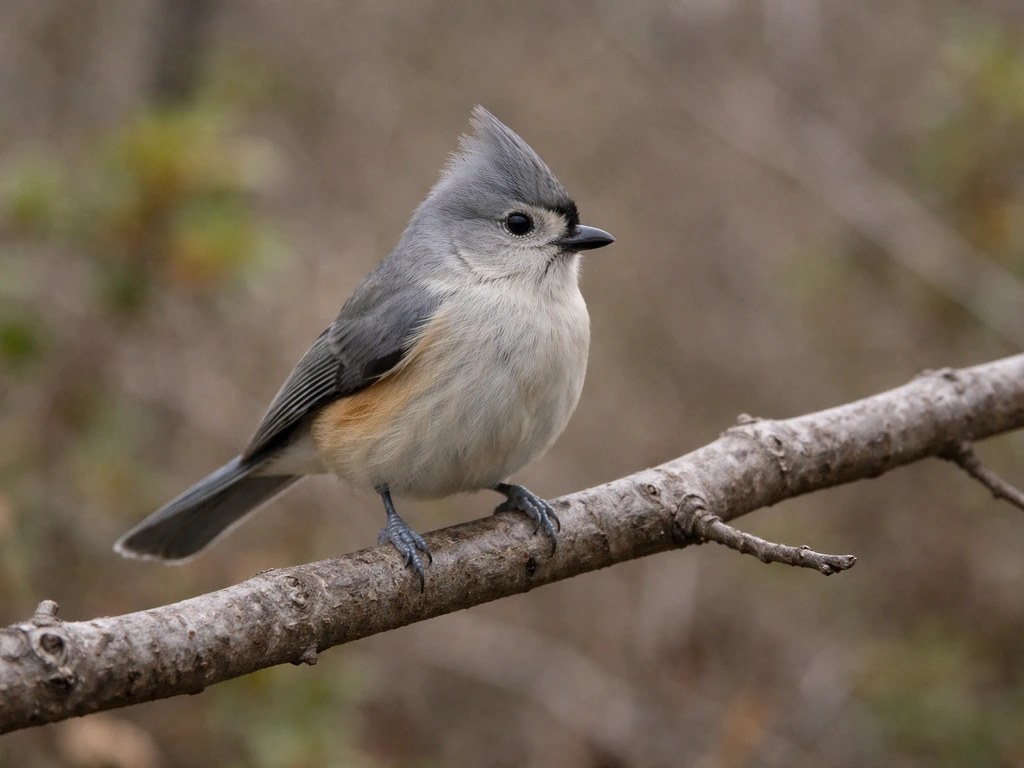 Tufted titmouse perched on a bare branch with gray tones and visible crest in a quiet backyard setting.