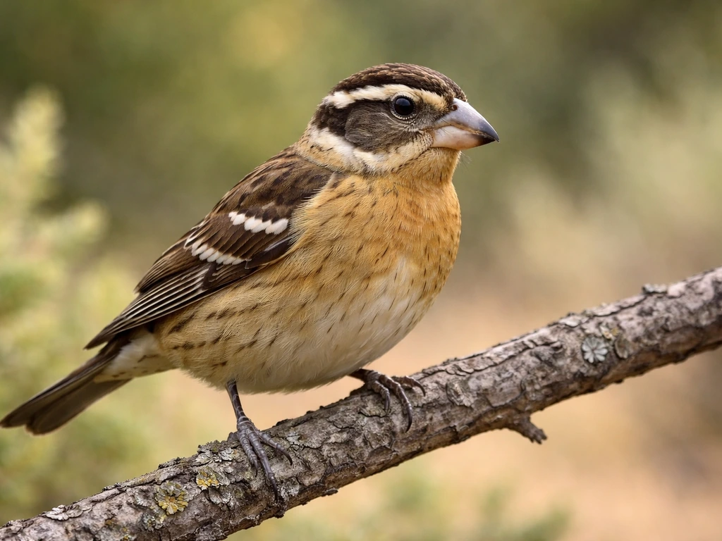 Female black-headed grosbeak perched on a branch, stocky build and bold wing bars visible