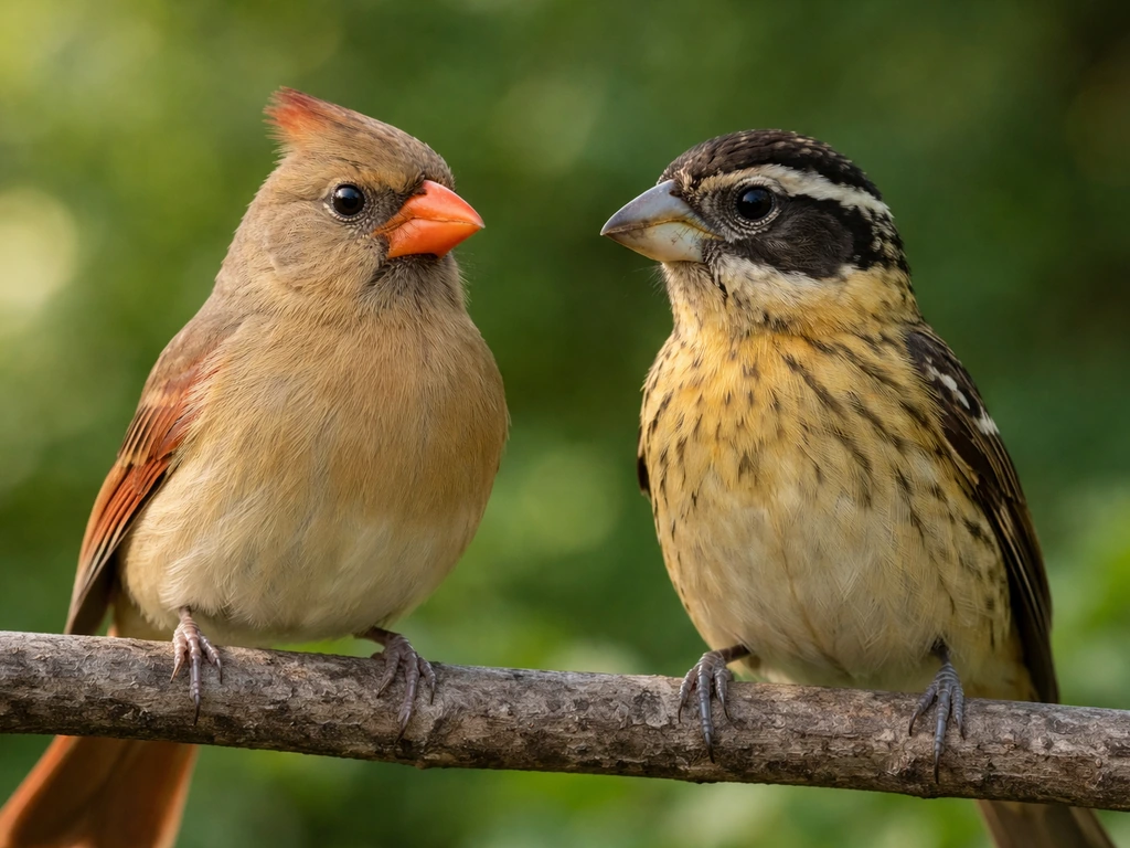 Close-up side-by-side birds-of-different-species comparison in a minimal natural garden scene.
