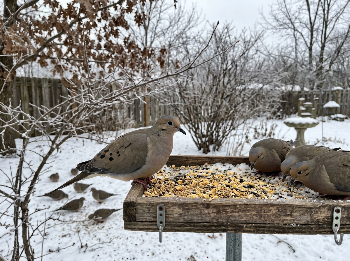 Mourning Dove at a feeder in winter showing context for identification