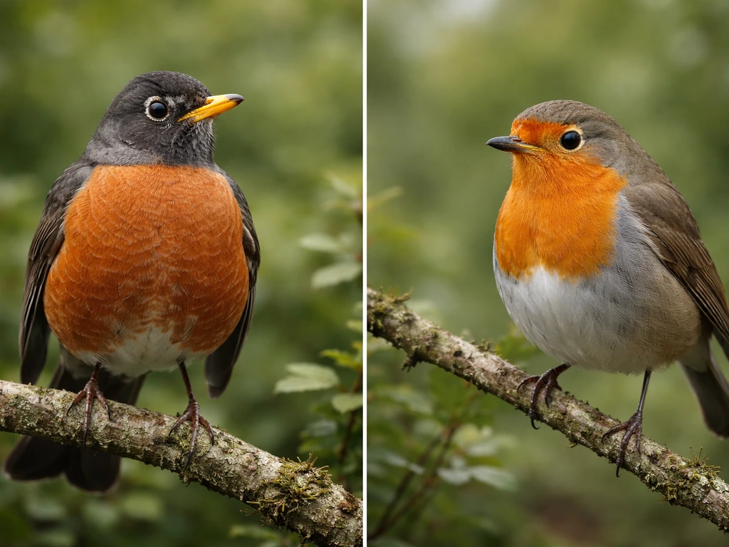 American robin and European robin perched side-by-side, showing size and color differences.