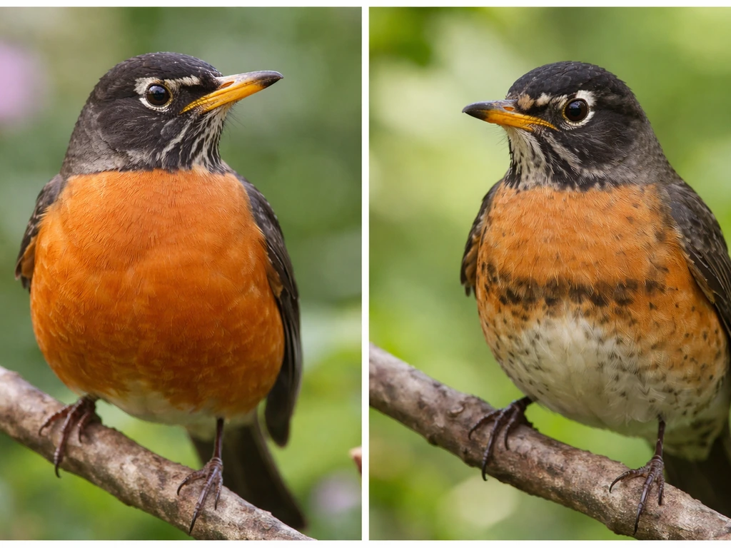 Close-up of two small birds on a branch, showing different breast colors and markings.