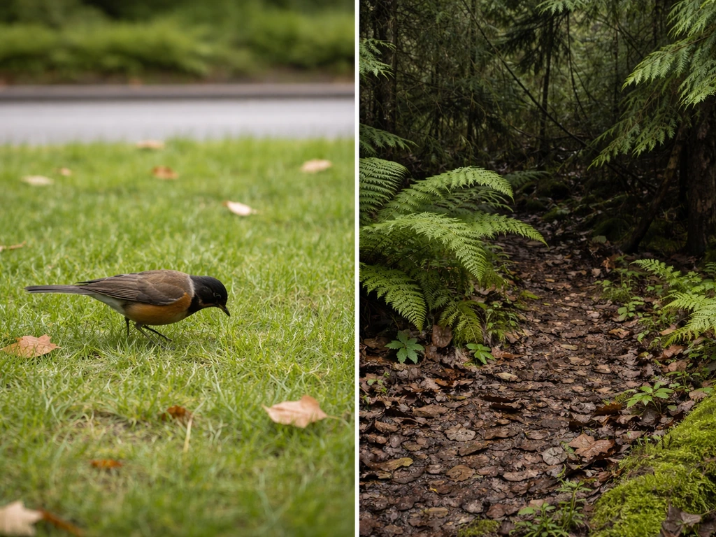 Two-panel-like scene: American robin foraging on an open lawn, with a nearby dense wet forest edge habitat.