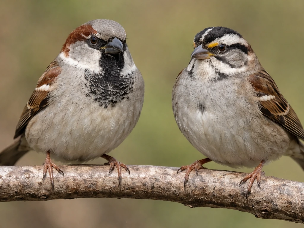 Male house sparrow and a similar sparrow perched side-by-side on a branch, close-up comparison.