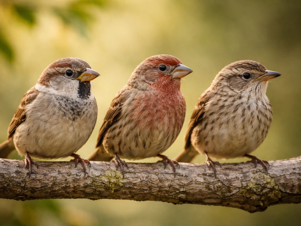 Three small songbirds perched side by side on a branch, contrasted against a sparrow-like bird