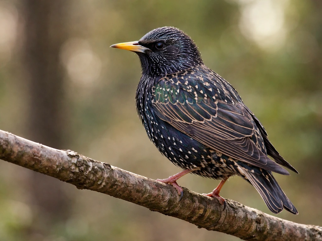 European starling perched on a branch, showing glossy dark plumage and speckled feather patterns.