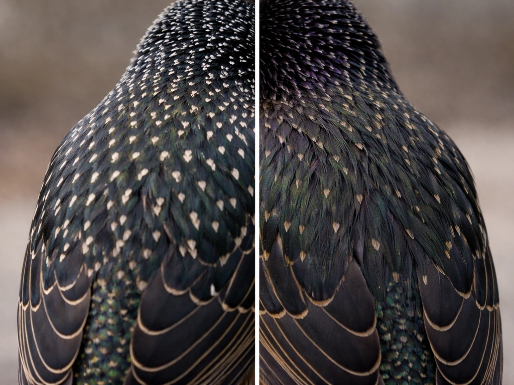Side-by-side close-ups of a starling’s winter (dense pale speckles) and summer (sparser speckles) glossy plumage.